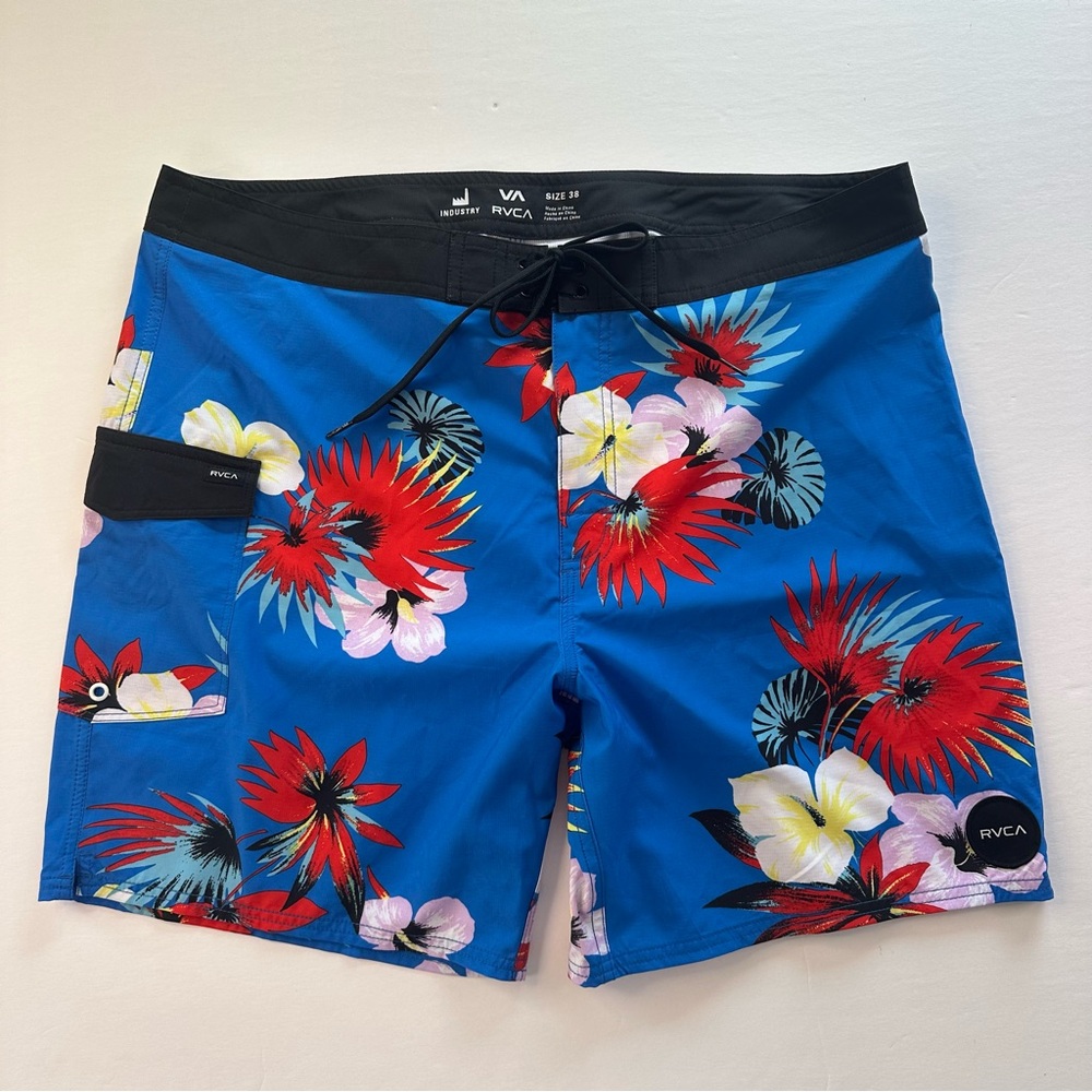 RVCA x Industry Board Shorts Men's 38 Blue Floral Drawstring Swim Shorts 7” Ins